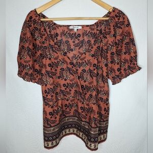 Madewell Puff Sleeves Peplum Top Cavoli Floral Size XS Earthy Tones